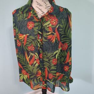Molly Bracket Button Down Shirt Green Red Paradise Print Puff Sleeves xs